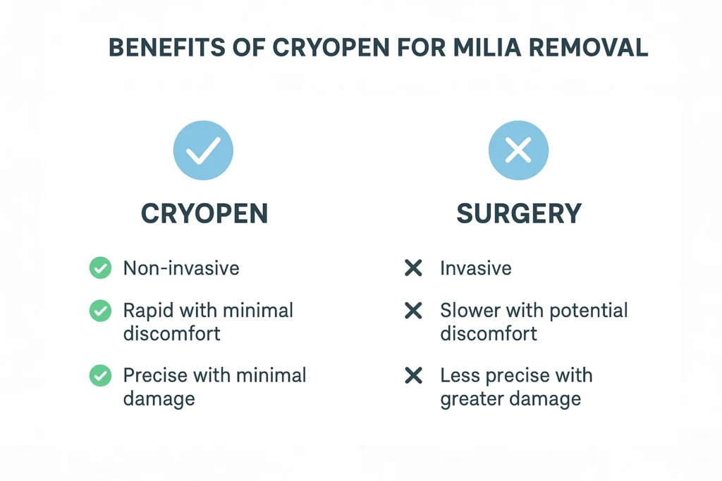 Benefits of cryopen for milia removal Bricket Wood compared to surgical treatments.
