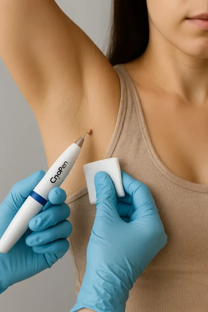 woman having cryopen to remove underarm skin tags Bricket Wood
