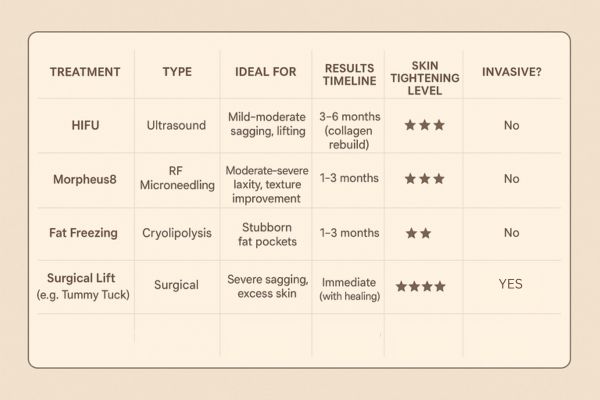 Table showing the comparisons of Skin tightening Bricket Wood treatment options.